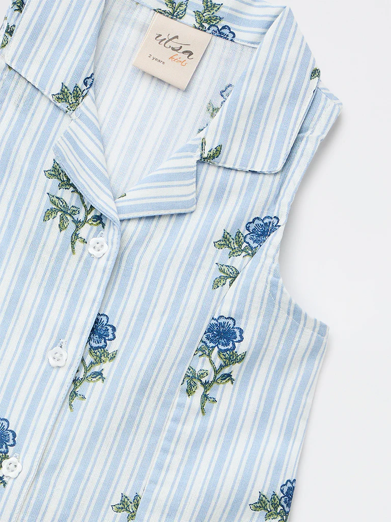 Utsa Kids Girls Blue Printed A-Line Cotton-Blend Dress - (2-8 yrs) - Image 5