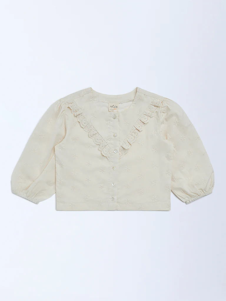 Utsa Kids Girls Cream Floral Cotton Top - (8-14 yrs)