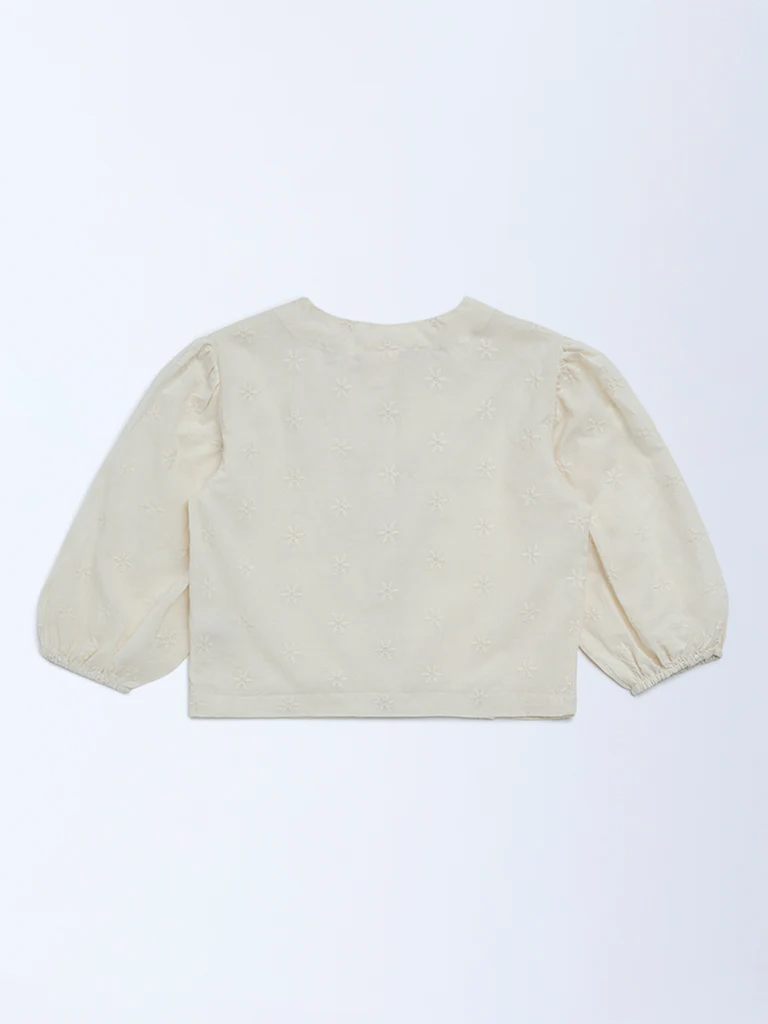 Utsa Kids Girls Cream Floral Cotton Top - (8-14 yrs) - Image 2