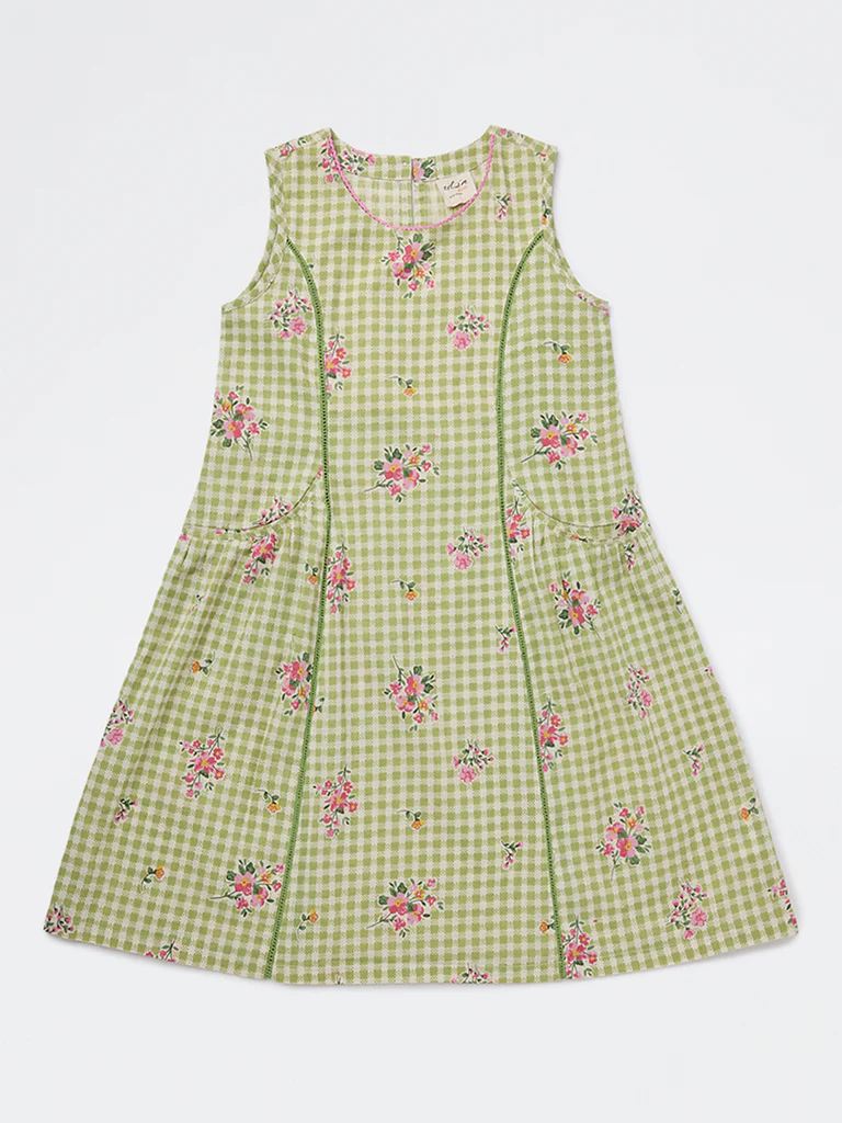 Utsa Kids Girls Green Checkered A-Line Cotton-Blend Dress - (8-14 yrs)