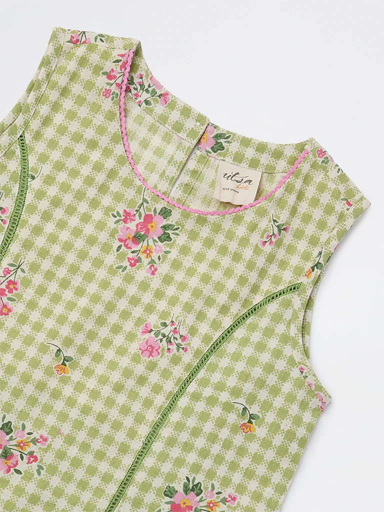 Utsa Kids Girls Green Checkered A-Line Cotton-Blend Dress - (8-14 yrs) - Image 3