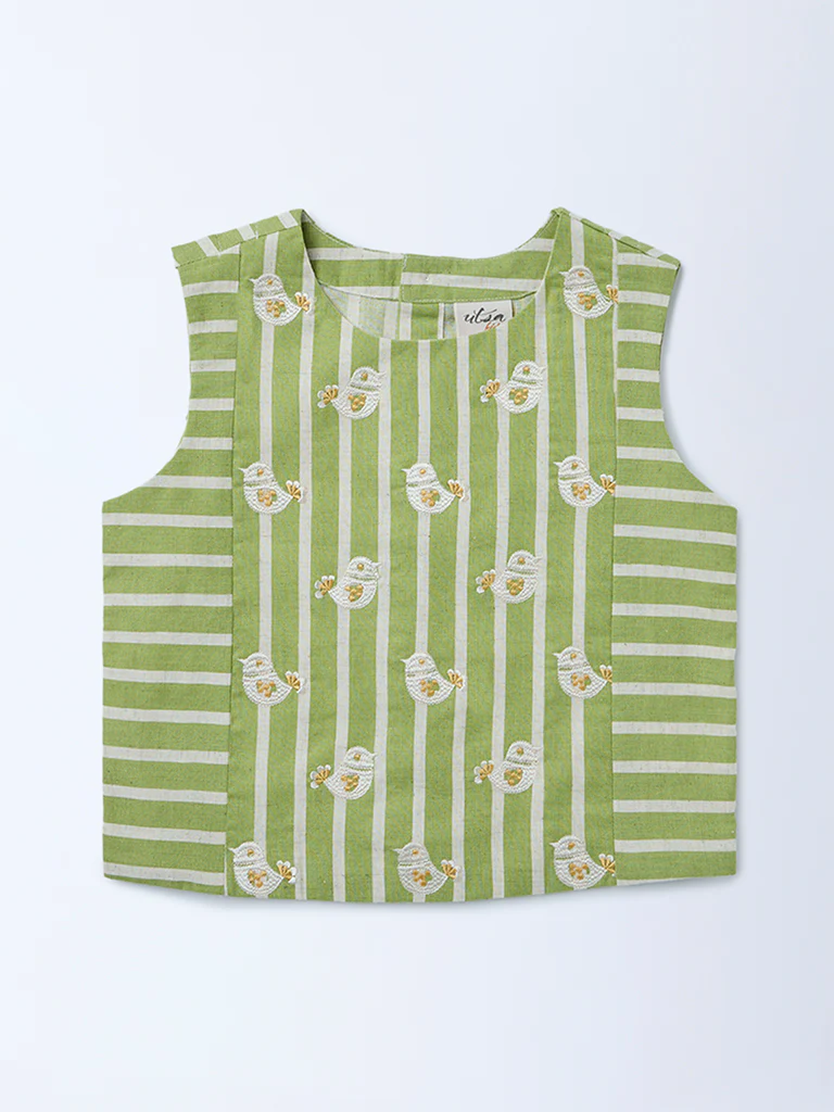 Utsa Kids Girls Green Embroidered Cotton-Blend Top - (8-14 yrs)