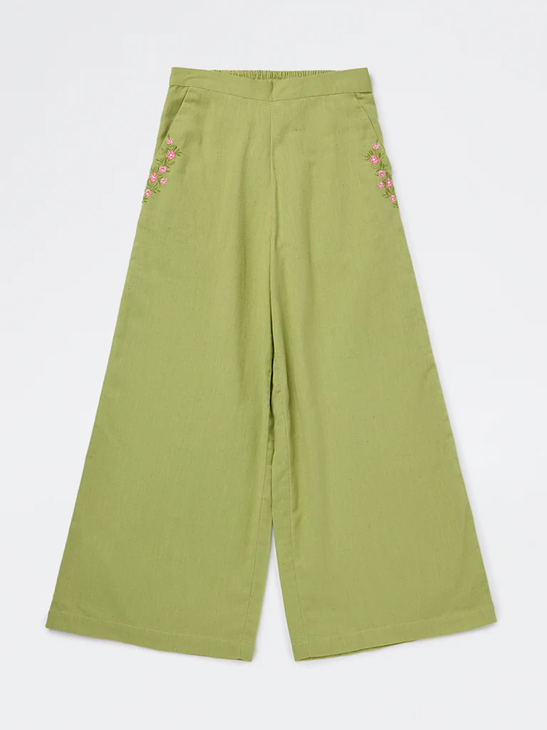 Utsa Kids Girls Green Floral Embroidered Cotton Ethnic Pants - (8-14 yrs)