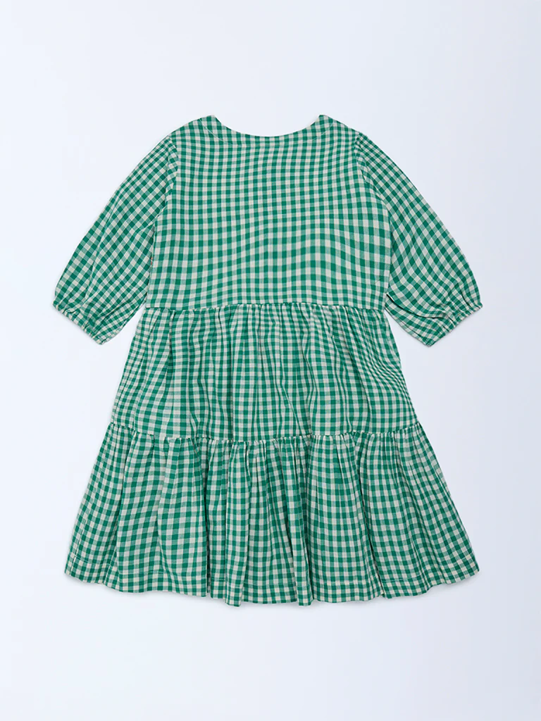 Utsa Kids Girls Green Gingham Checks Tiered Cotton Dress - (2-8 yrs) - Image 2