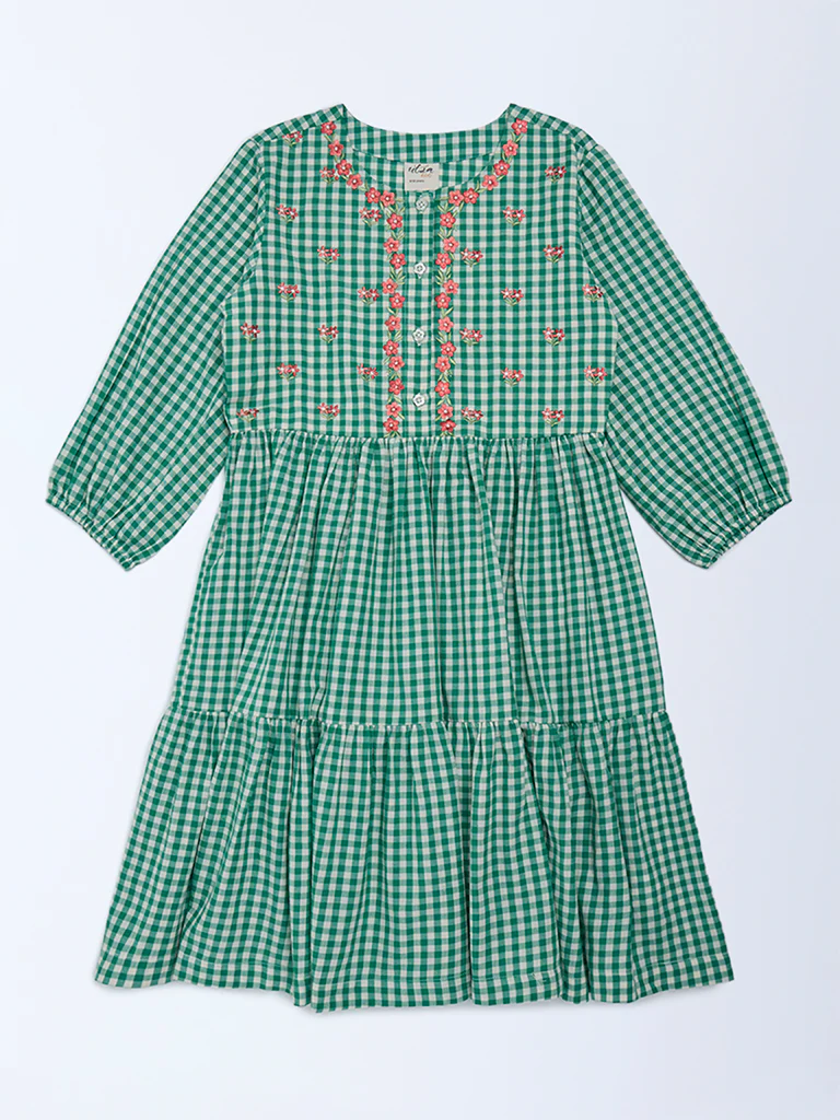 Utsa Kids Girls Green Gingham Checks Tiered Cotton Dress - (8-14 yrs)