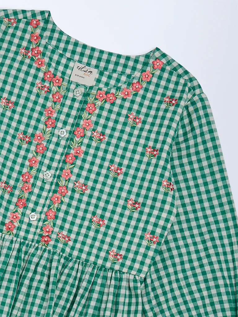 Utsa Kids Girls Green Gingham Checks Tiered Cotton Dress - (8-14 yrs) - Image 3