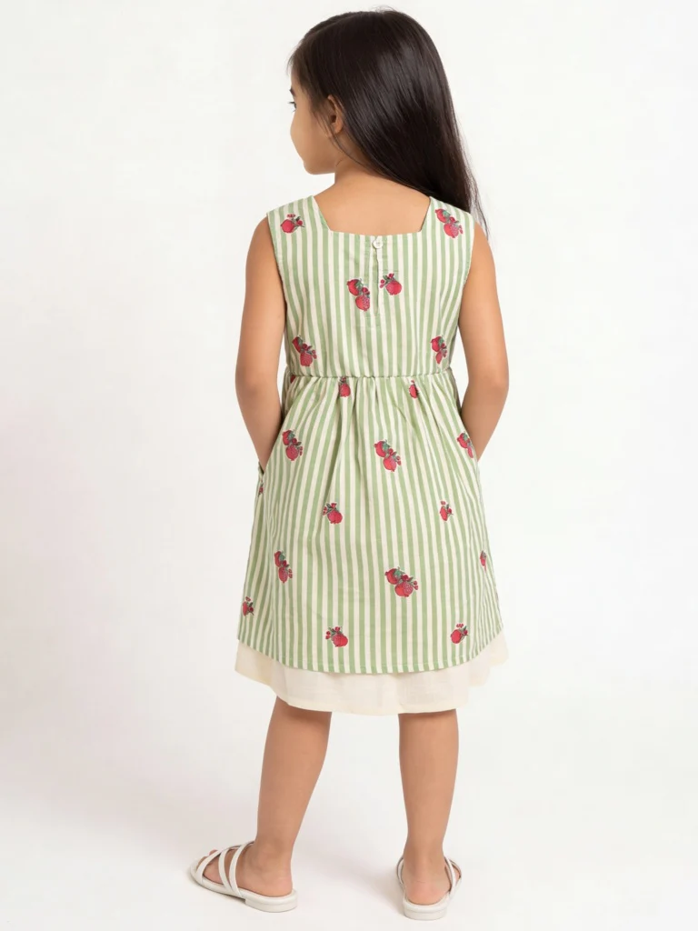 Utsa Kids Girls Green Striped Cotton A-Line Dress - ( 2-8 yrs ) - Image 2