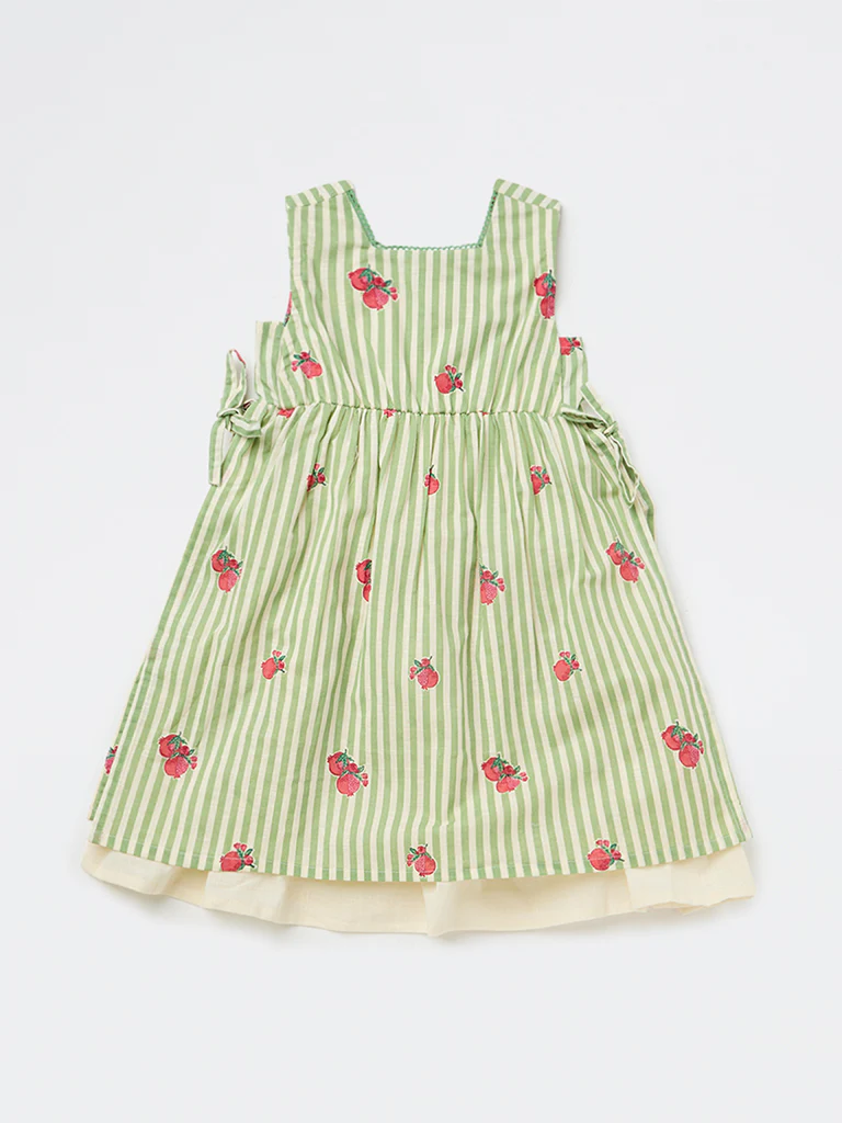Utsa Kids Girls Green Striped Cotton A-Line Dress - ( 2-8 yrs ) - Image 3