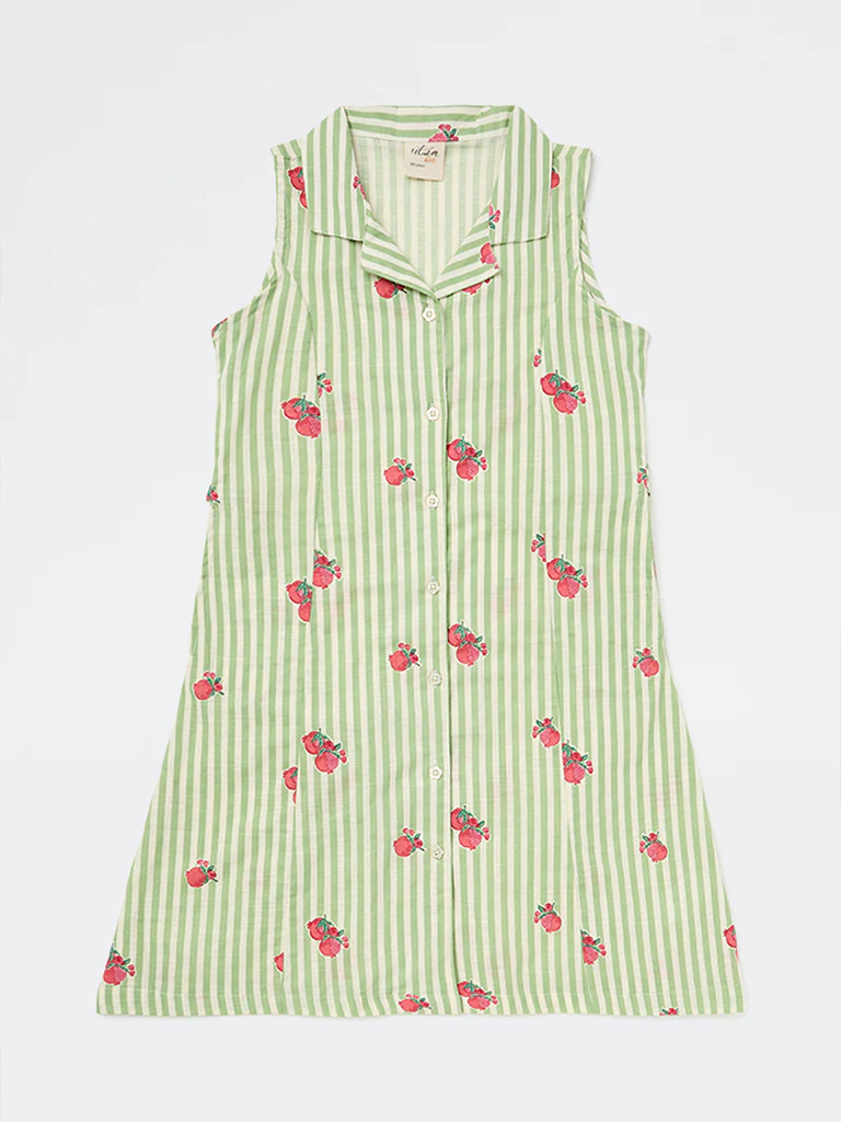 Utsa Kids Girls Green Striped Cotton A-Line Dress - (8-14 yrs) - Image 3