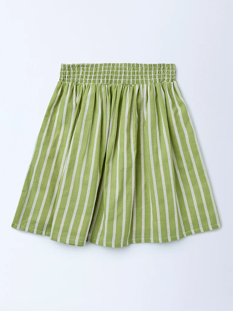 Utsa Kids Girls Green Striped Cotton-Blend Skirt - (8-14 yrs) - Image 2