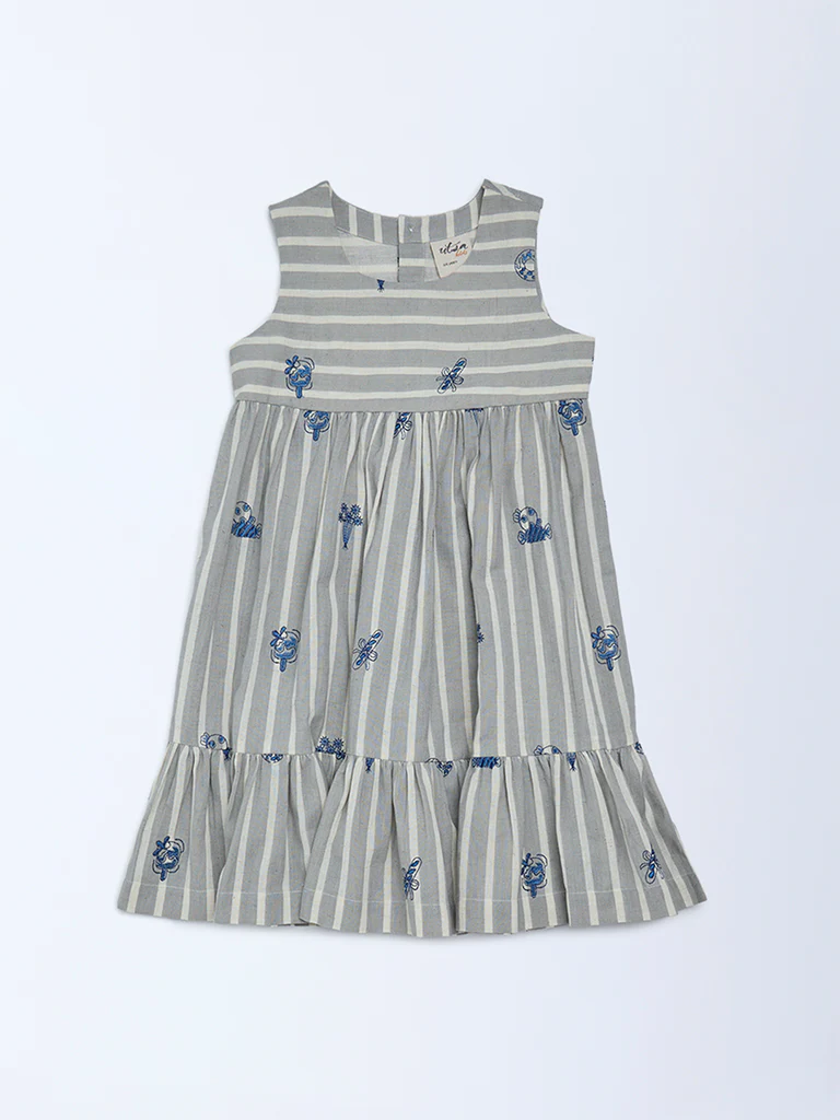 Utsa Kids Girls Grey Striped Cotton-Blend Tiered Dress - (2-8 yrs)