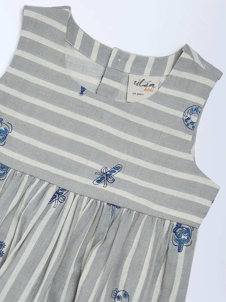 Utsa Kids Girls Grey Striped Cotton-Blend Tiered Dress - (2-8 yrs) - Image 3