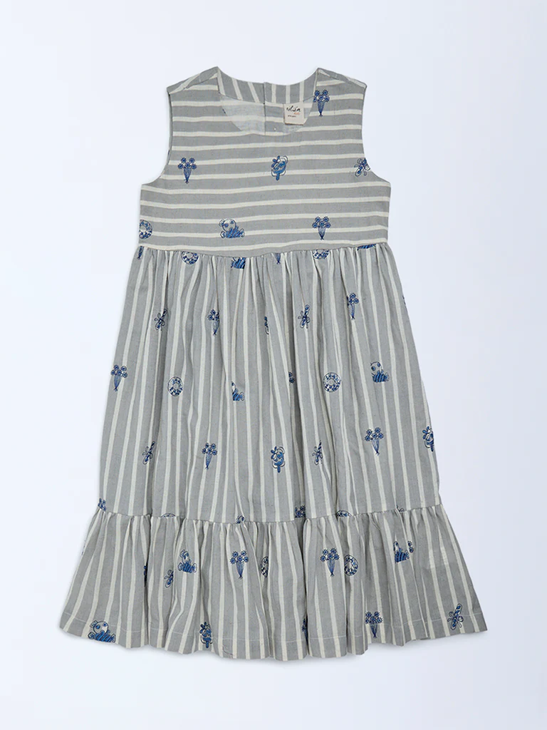Utsa Kids Girls Grey Striped Cotton-Blend Tiered Dress - (8-14 yrs)