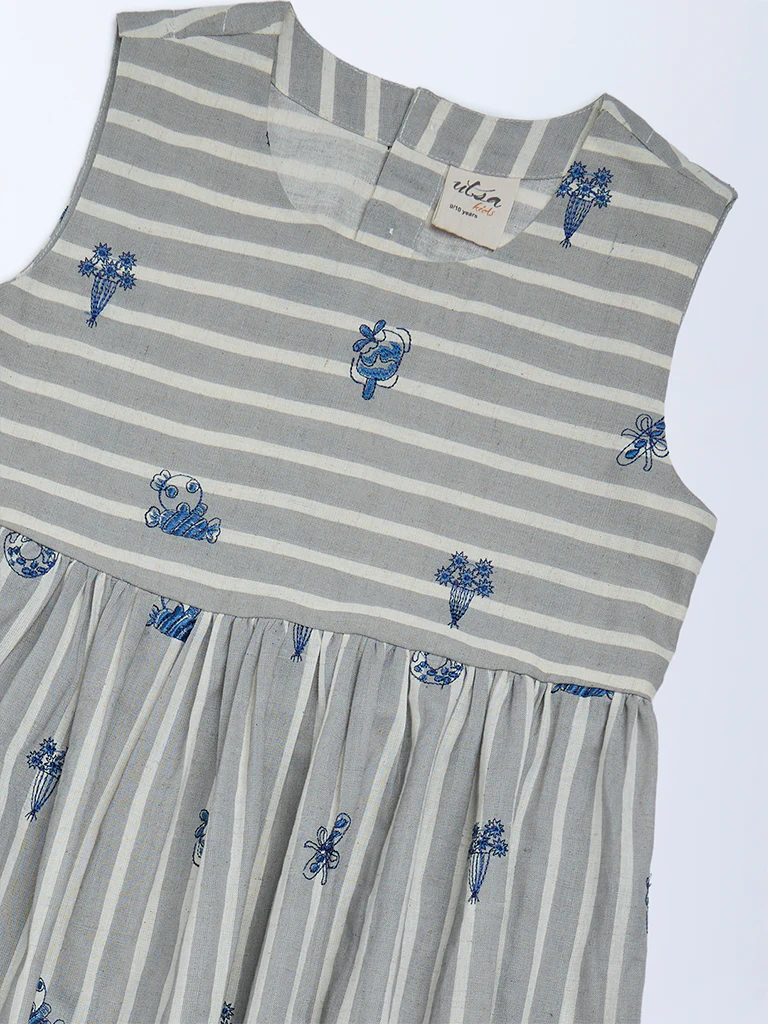 Utsa Kids Girls Grey Striped Cotton-Blend Tiered Dress - (8-14 yrs) - Image 3