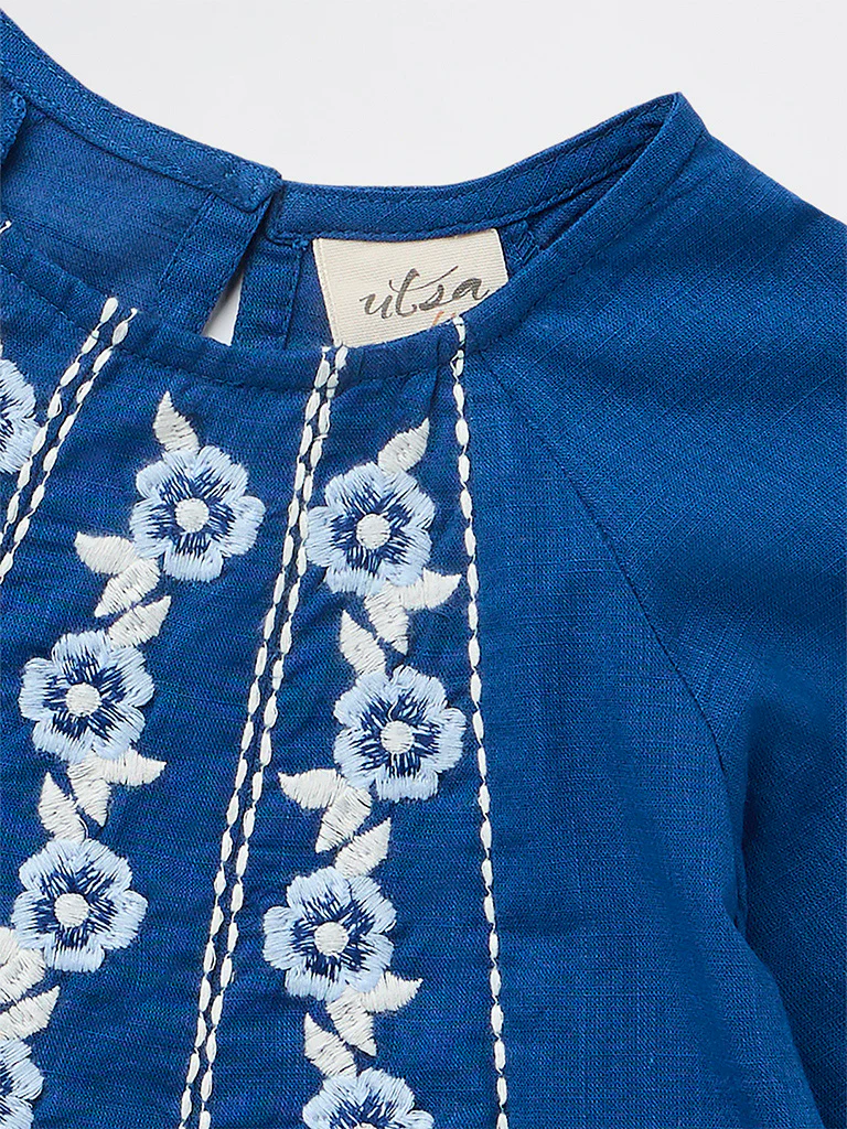 Utsa Kids Girls Indigo Embroidered Cotton Top - (8-14 yrs) - Image 5