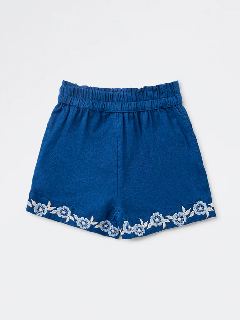 Utsa Kids Girls Indigo Embroidered Mid-Rise Cotton Shorts - (2-8 yrs) - Image 3