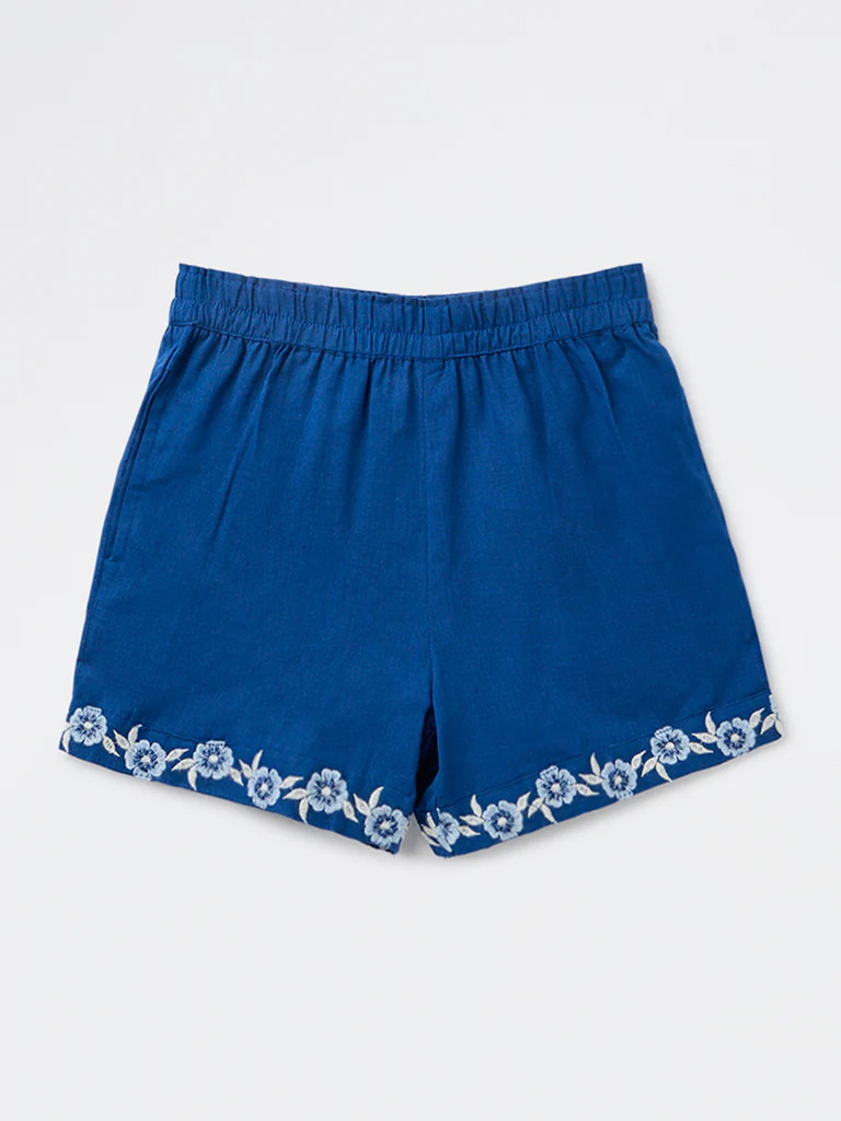 Utsa Kids Girls Indigo Embroidered Mid-Rise Cotton Shorts - (8-14 yrs)