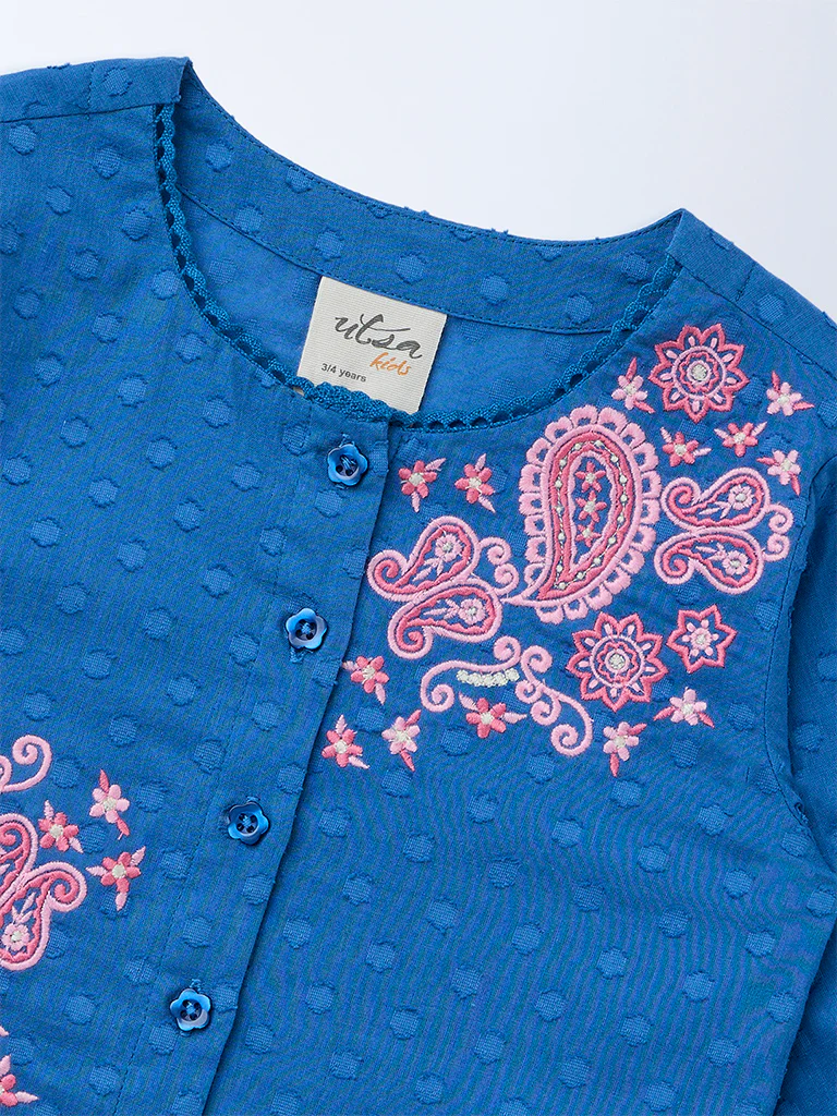 Utsa Kids Girls Indigo Floral Embroidered Cotton-Blend Top - (2-8 yrs) - Image 3