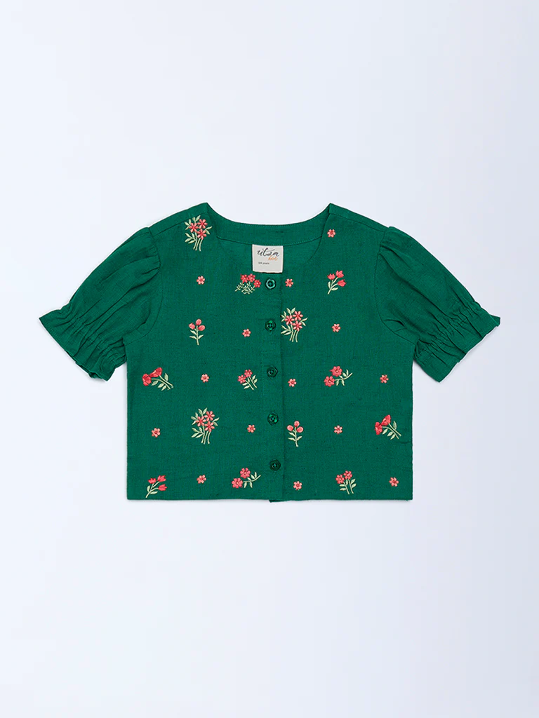 Utsa Kids Girls Jade Green Floral Embroidered Cotton-Blend Top - (2-8 yrs)
