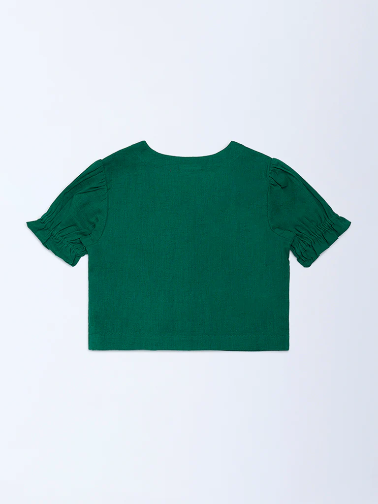 Utsa Kids Girls Jade Green Floral Embroidered Cotton-Blend Top - (2-8 yrs) - Image 2