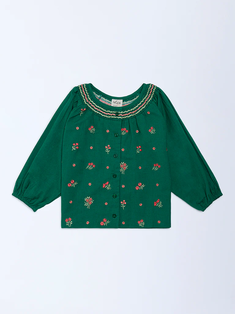 Utsa Kids Girls Jade Green Floral Embroidered Cotton-Blend Top - (8-14 yrs)