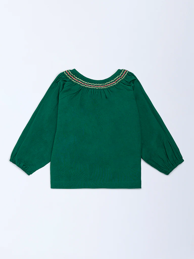 Utsa Kids Girls Jade Green Floral Embroidered Cotton-Blend Top - (8-14 yrs) - Image 2