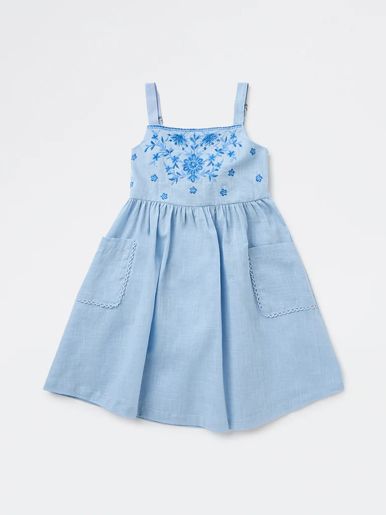Utsa Kids Girls Light Blue Embroidered A-Line Cotton Dress - (2-8 yrs) - Image 3