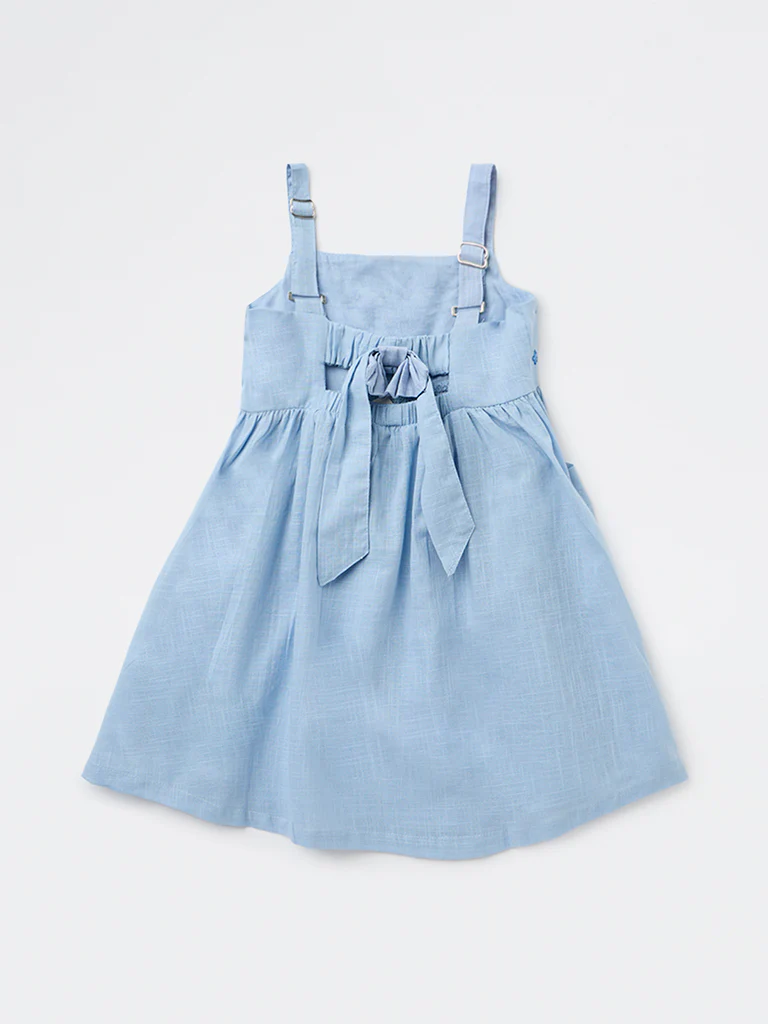 Utsa Kids Girls Light Blue Embroidered A-Line Cotton Dress - (2-8 yrs) - Image 4