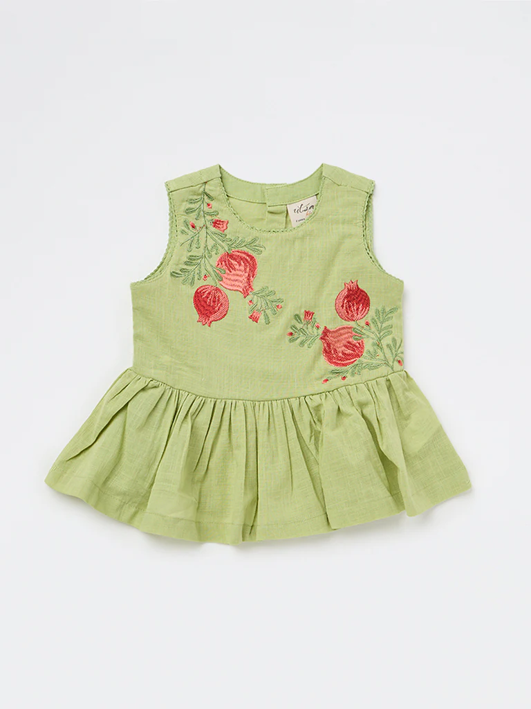 Utsa Kids Girls Light Green Embroidered Cotton Peplum Top - ( 2-8 yrs ) - Image 3