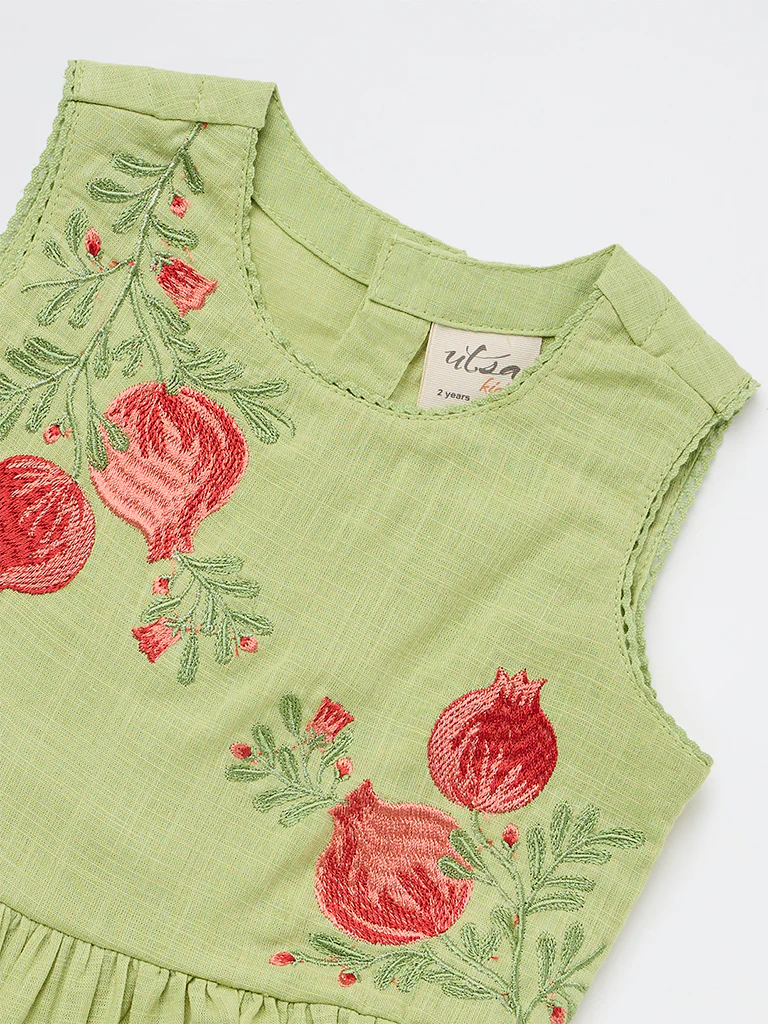 Utsa Kids Girls Light Green Embroidered Cotton Peplum Top - ( 2-8 yrs ) - Image 5