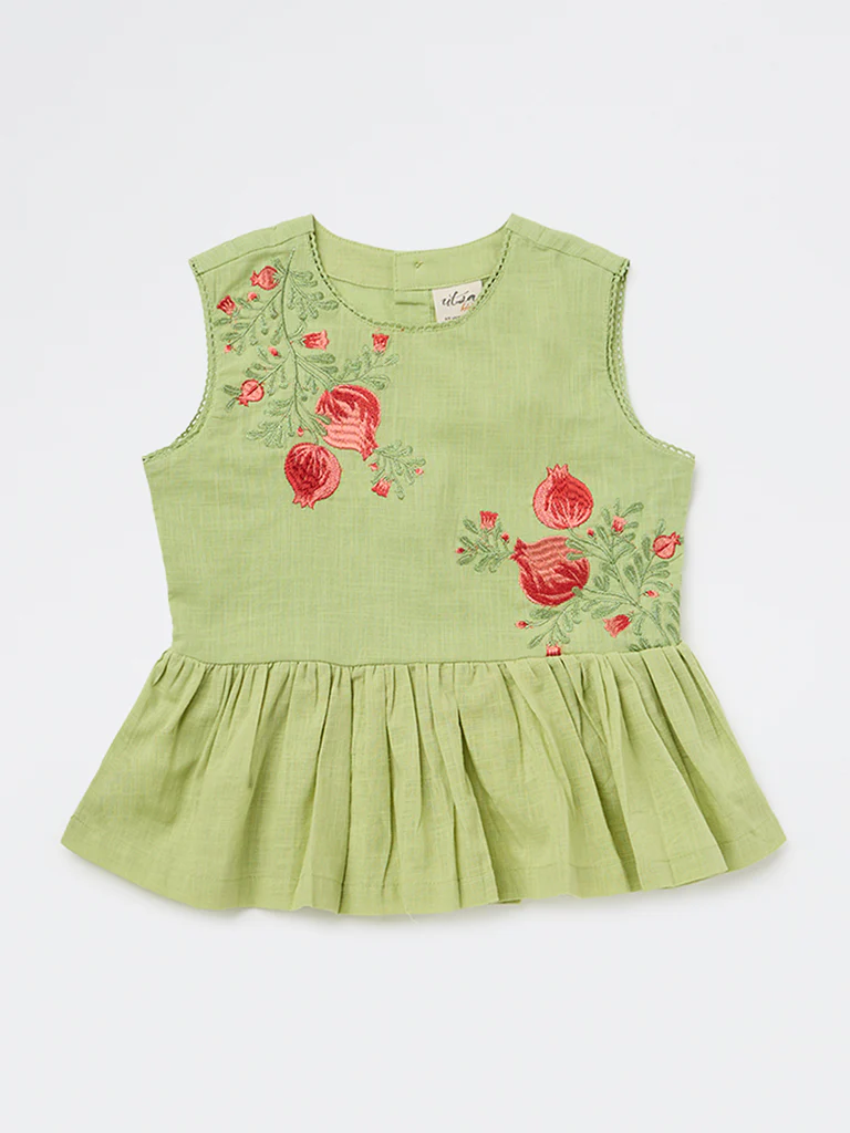 Utsa Kids Girls Light Green Embroidered Cotton Peplum Top - ( 8-14 yrs ) - Image 3