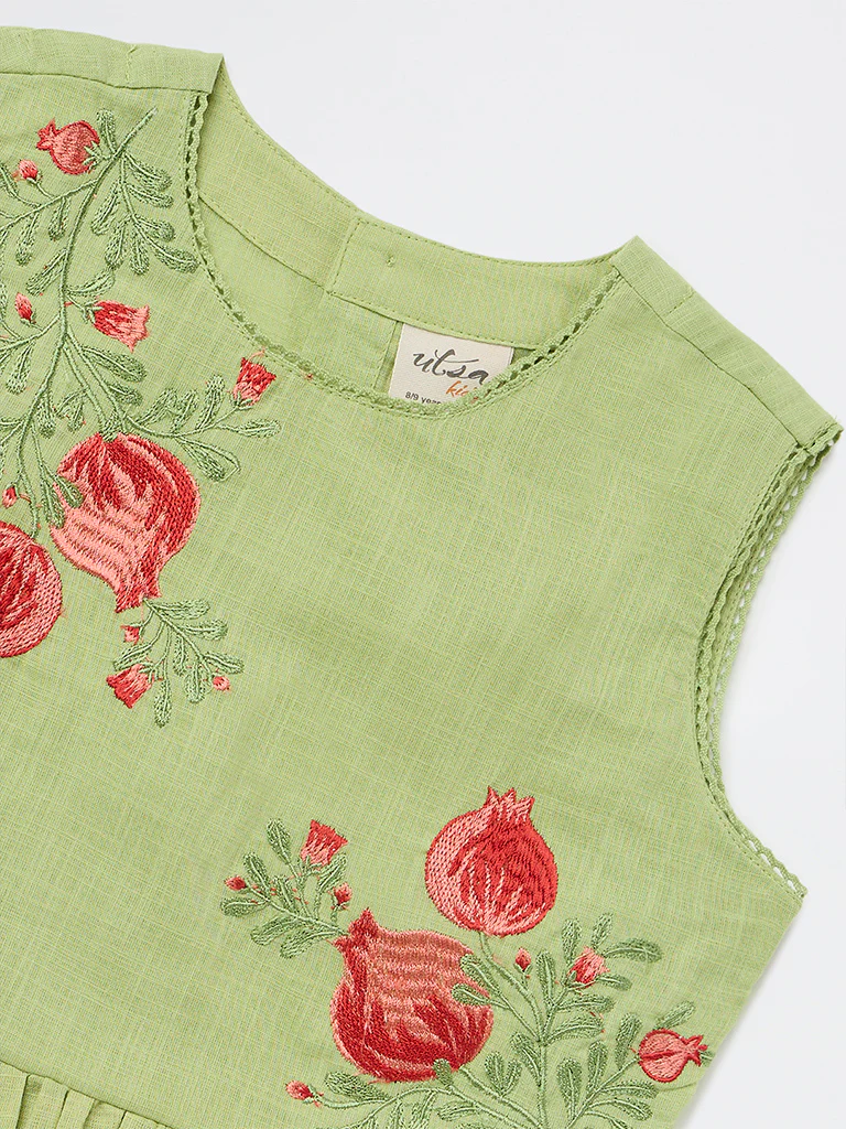 Utsa Kids Girls Light Green Embroidered Cotton Peplum Top - ( 8-14 yrs ) - Image 5