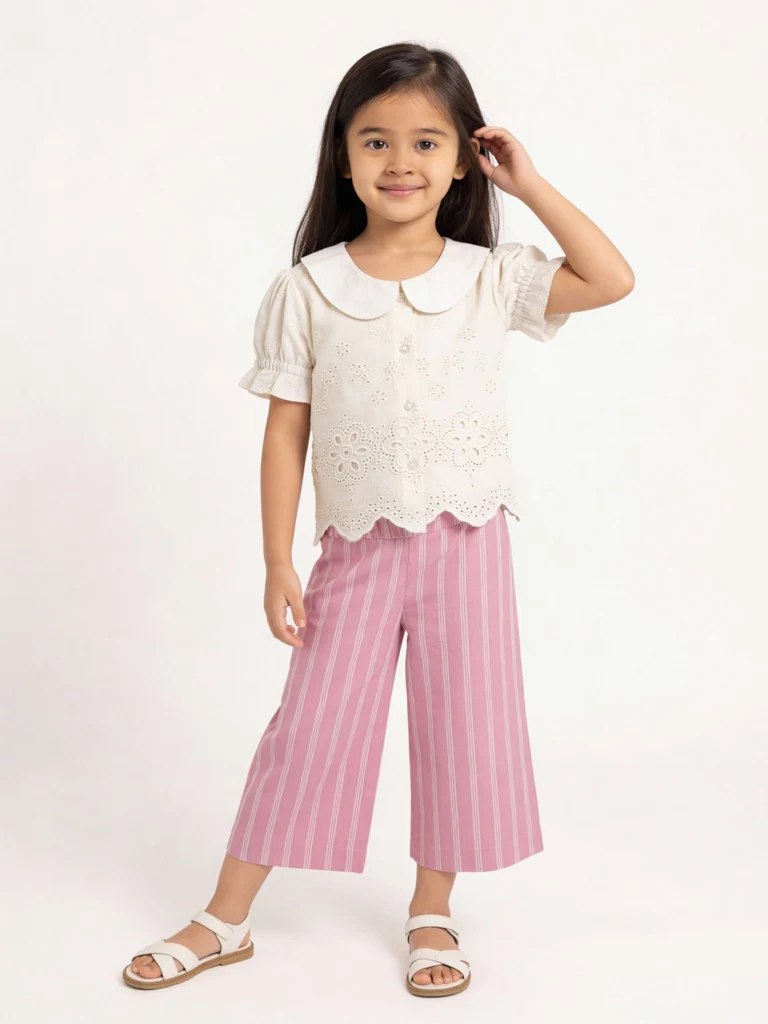 Utsa Kids Girls Light Pink Striped Mid-Rise Cotton-Blend Pants - (2-8 yrs)