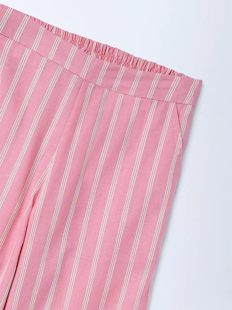 Utsa Kids Girls Light Pink Striped Mid-Rise Cotton-Blend Pants - (8-14 yrs) - Image 3