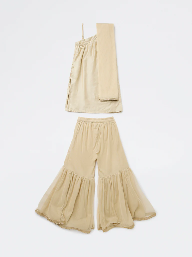 Utsa Kids Girls Light Taupe Embroidered Sharara Ethnic Set - (8-14 yrs) - Image 2