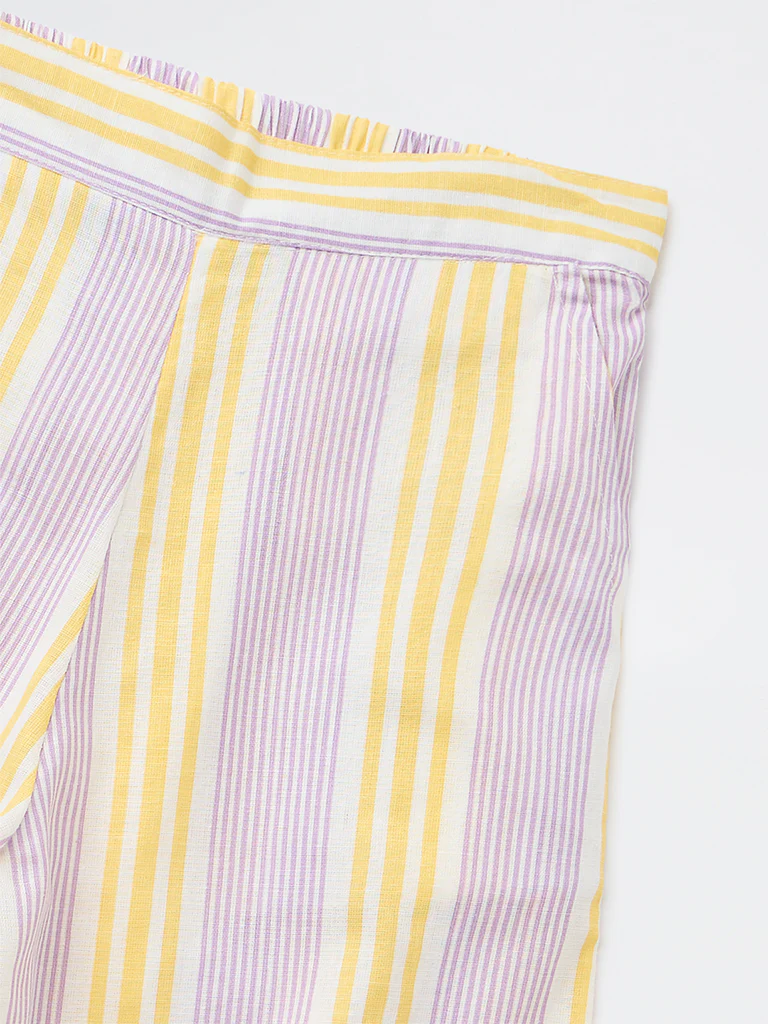 Utsa Kids Girls Lilac Striped Mid-Rise Cotton-Blend Pants - (8-14 yrs) - Image 3