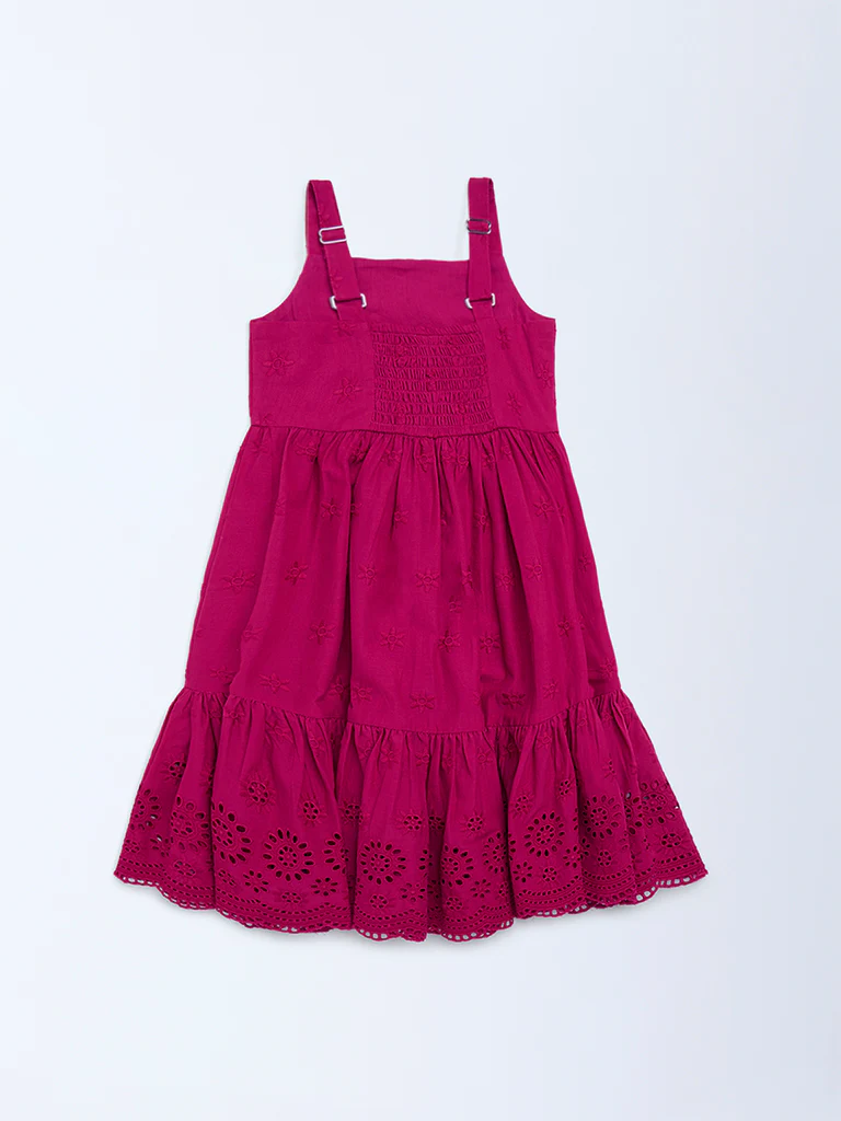 Utsa Kids Girls Magenta Schiffli Tiered Cotton Dress (2-8 yrs) - Image 2