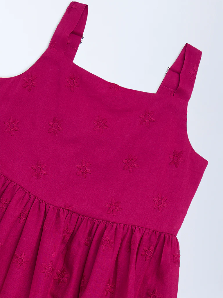 Utsa Kids Girls Magenta Schiffli Tiered Cotton Dress (2-8 yrs) - Image 3
