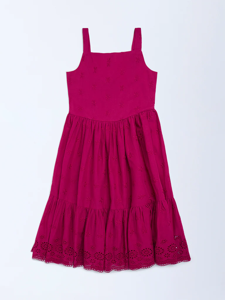 Utsa Kids Girls Magenta Schiffli Tiered Cotton Dress (8-14 yrs)