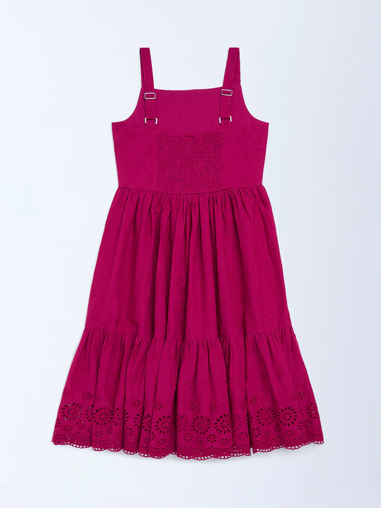 Utsa Kids Girls Magenta Schiffli Tiered Cotton Dress (8-14 yrs) - Image 2