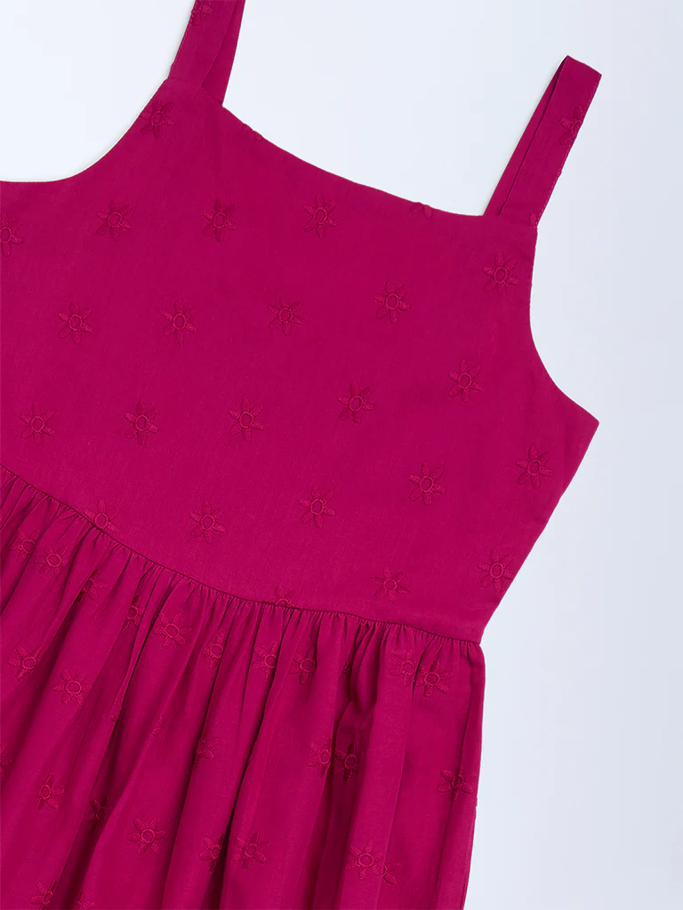 Utsa Kids Girls Magenta Schiffli Tiered Cotton Dress (8-14 yrs) - Image 3