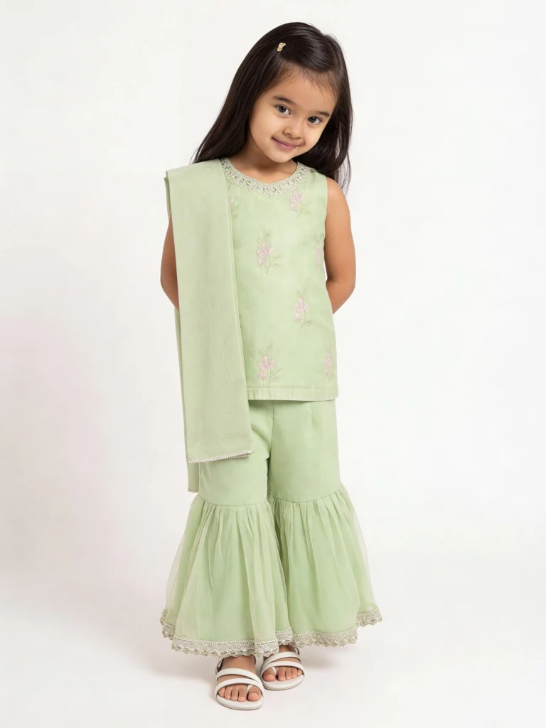 Utsa Kids Girls Mint Embroidered A-Line Kurta and Sharara Set - (2-8 yrs)