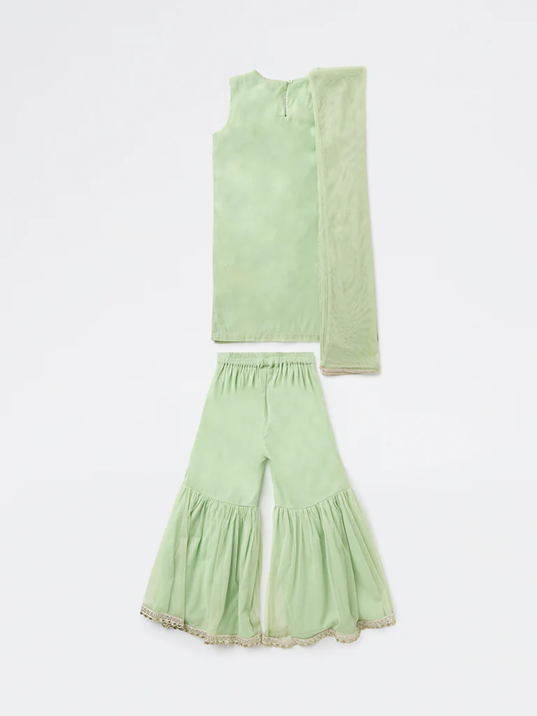 Utsa Kids Girls Mint Embroidered A-Line Kurta and Sharara Set - (8-14 yrs) - Image 2