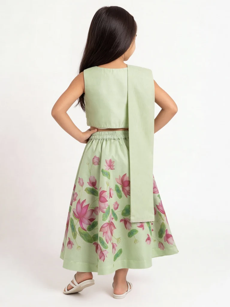 Utsa Kids Girls Mint Floral Printed Top Skirt and Dupatta Set - (2-8 yrs) - Image 2