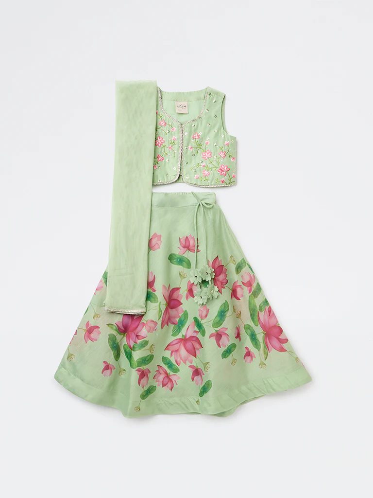 Utsa Kids Girls Mint Floral Printed Top Skirt and Dupatta Set - (2-8 yrs) - Image 3