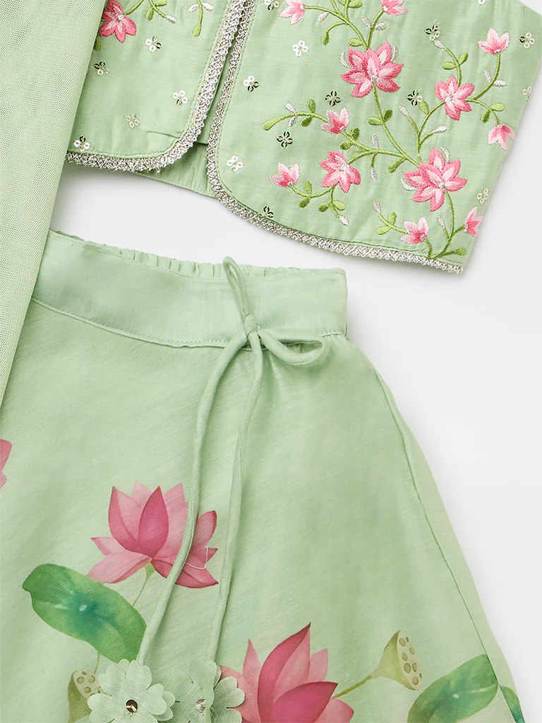 Utsa Kids Girls Mint Floral Printed Top Skirt and Dupatta Set - (2-8 yrs) - Image 5