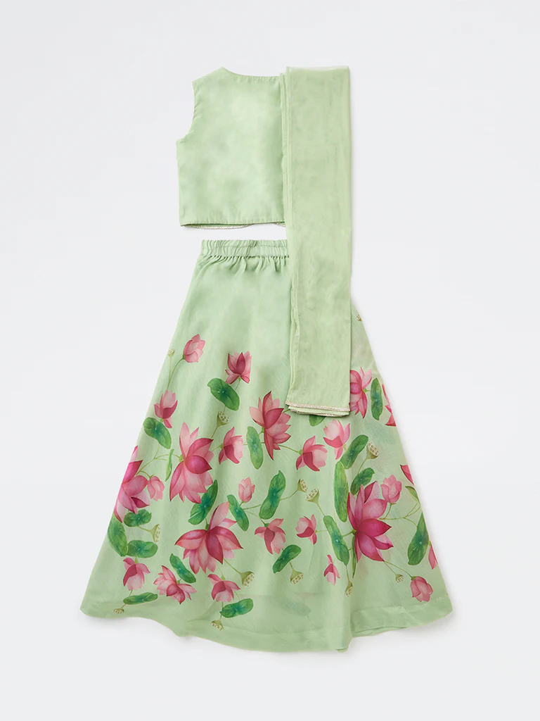 Utsa Kids Girls Mint Floral Printed Top Skirt and Dupatta Set - (8-14 yrs) - Image 2