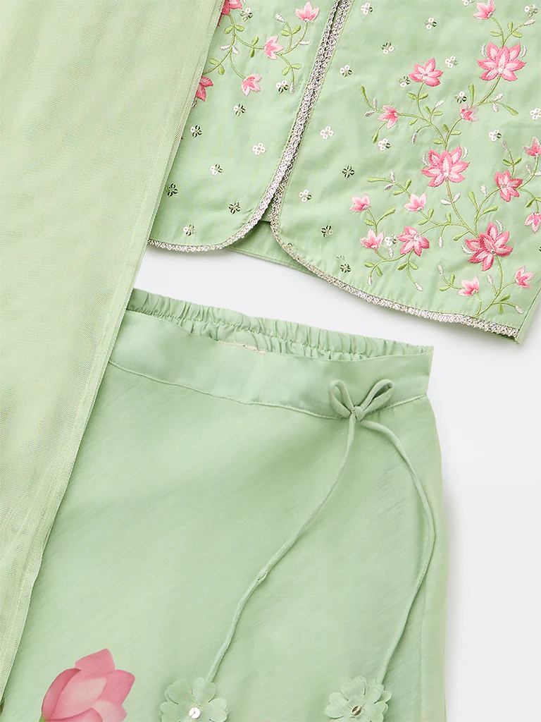Utsa Kids Girls Mint Floral Printed Top Skirt and Dupatta Set - (8-14 yrs) - Image 3