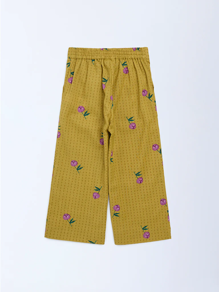 Utsa Kids Girls Mustard Floral Cotton-Blend Pants - (2-8 yrs) - Image 2