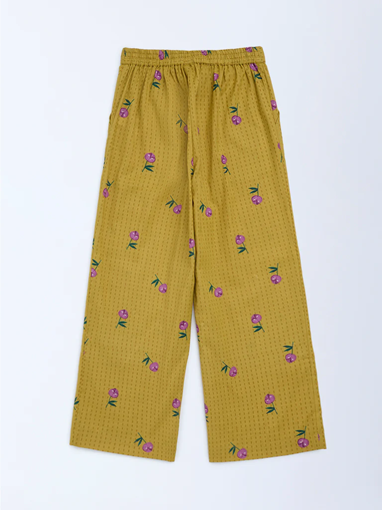 Utsa Kids Girls Mustard Floral Cotton-Blend Pants - (8-14 yrs) - Image 2